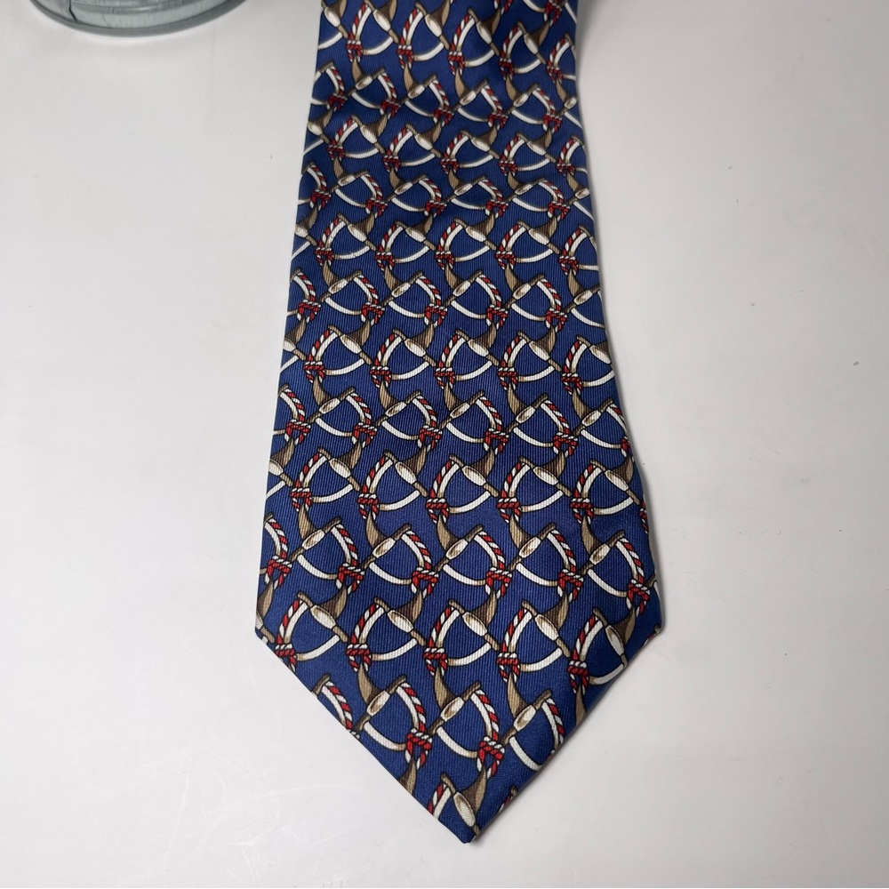 Lancel Paris Men’s Silk Neck Tie Midnight‎ Blue Horsebit Pattern & Ropes Luxury
